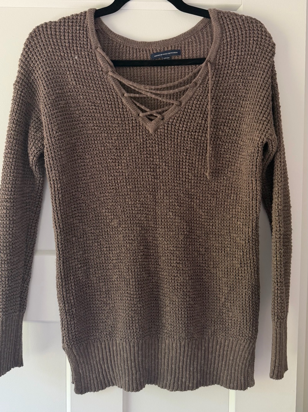 American Eagle Women’s Lace-Up V-Neck Knit Sweater - Brown